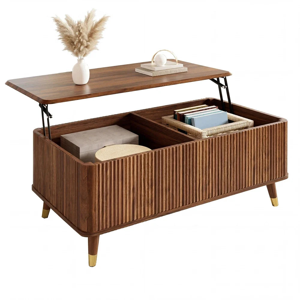 Table basse relevable couleur noyer cannelée 97 cm, pieds bois massif – vue 2