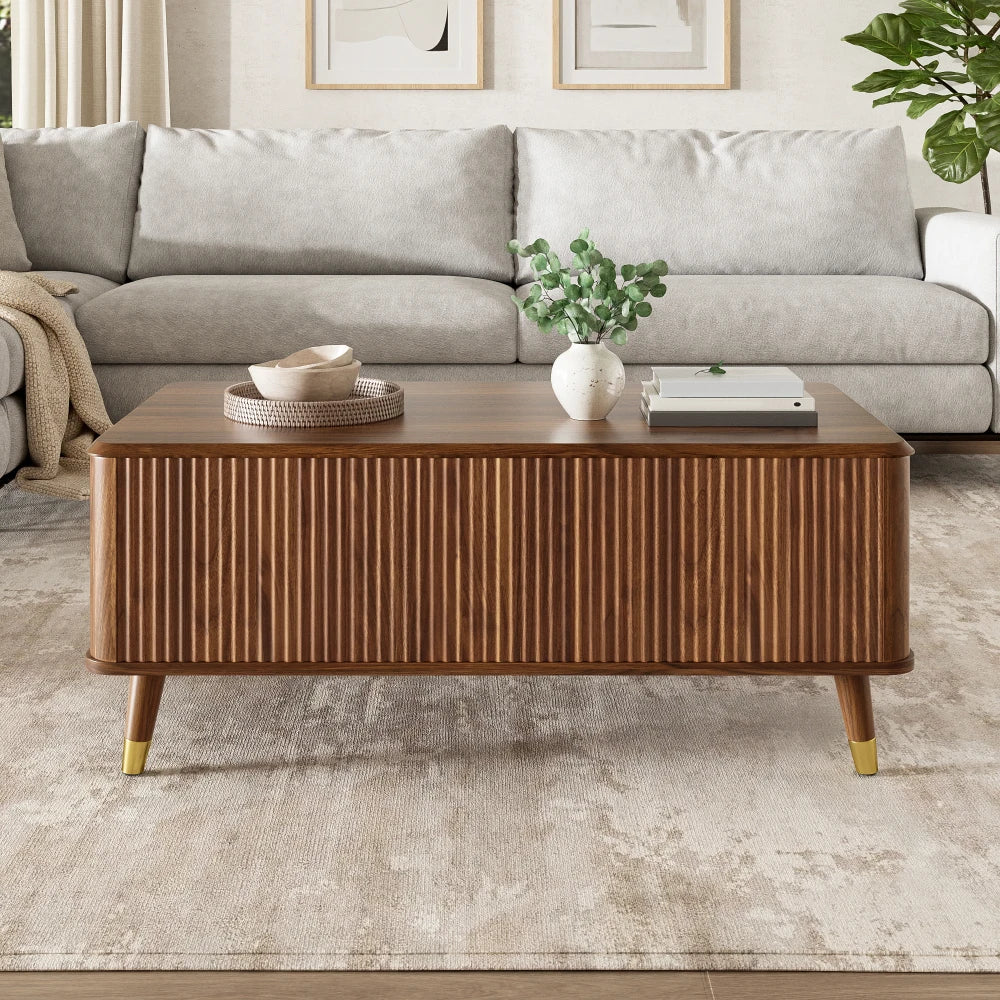 Table basse relevable couleur noyer cannelée 97 cm, pieds bois massif – vue 3