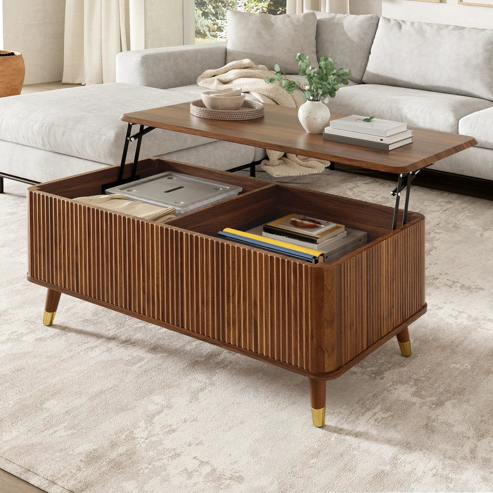 Table basse relevable couleur noyer cannelée 97 cm, pieds bois massif – vue 4