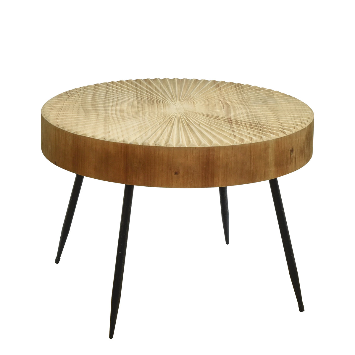 Table basse ronde 60 cm en bois sculpté motif soleil, pieds métal noir – vue 6