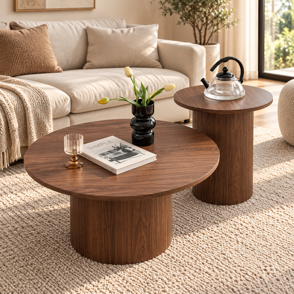 Table basse ronde effet bois 70 cm pied cannelé avec bout de canapé assorti