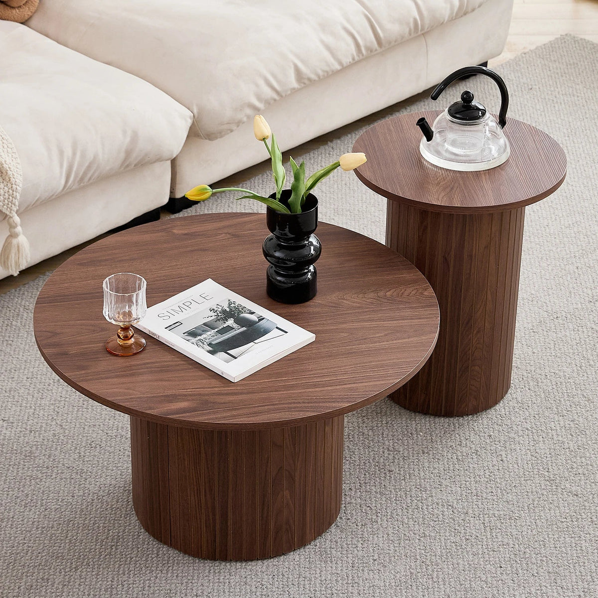 Table basse ronde effet bois 70 cm pied cannelé avec bout de canapé assorti – vue 2