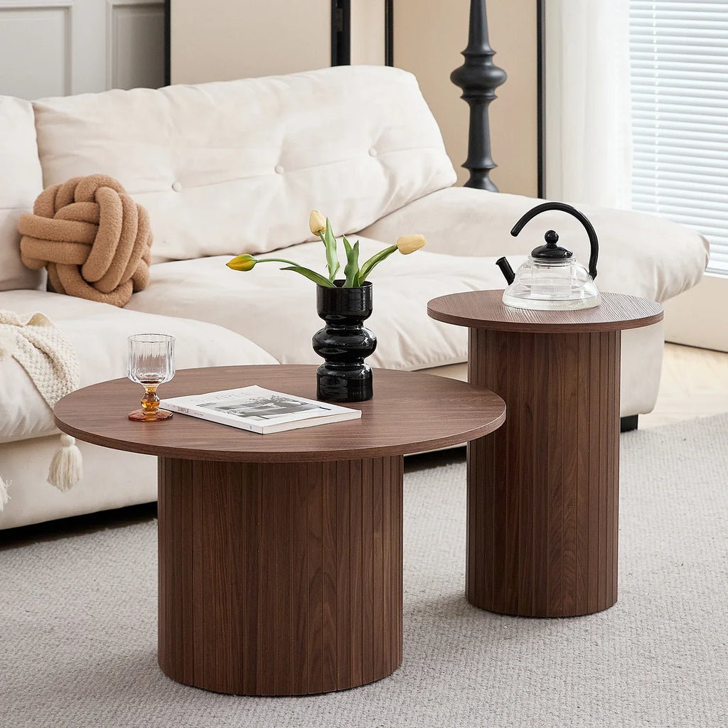 Table basse ronde effet bois 70 cm pied cannelé avec bout de canapé assorti – vue 3