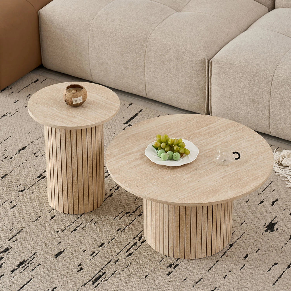 Table basse ronde effet bois 70 cm pied cannelé avec bout de canapé assorti – vue 4