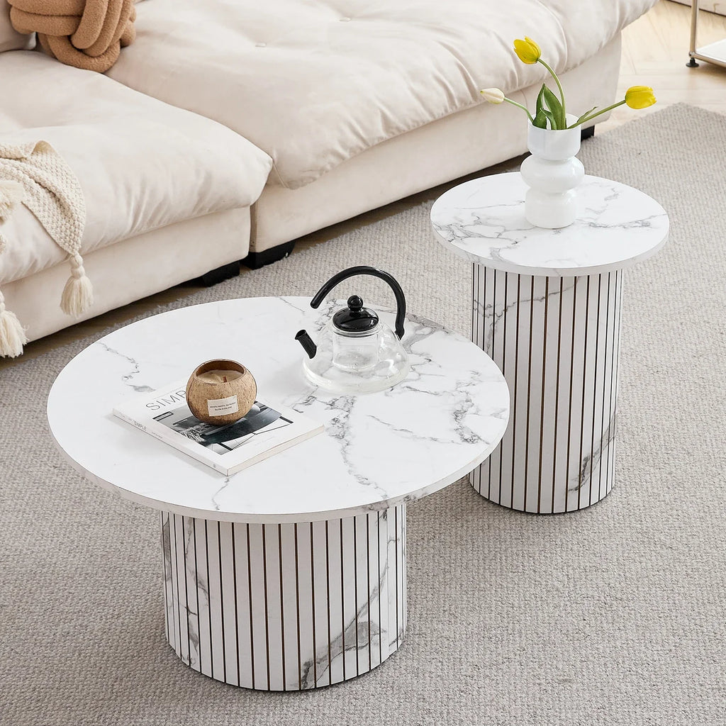 Table basse ronde effet bois 70 cm pied cannelé avec bout de canapé assorti – vue 5