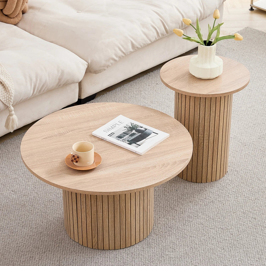 Table basse ronde effet bois 70 cm pied cannelé avec bout de canapé assorti – vue 6