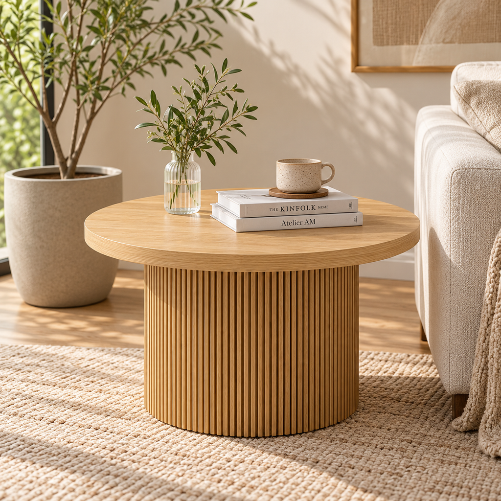 Table basse ronde effet bois naturel 80 cm pied cannelé