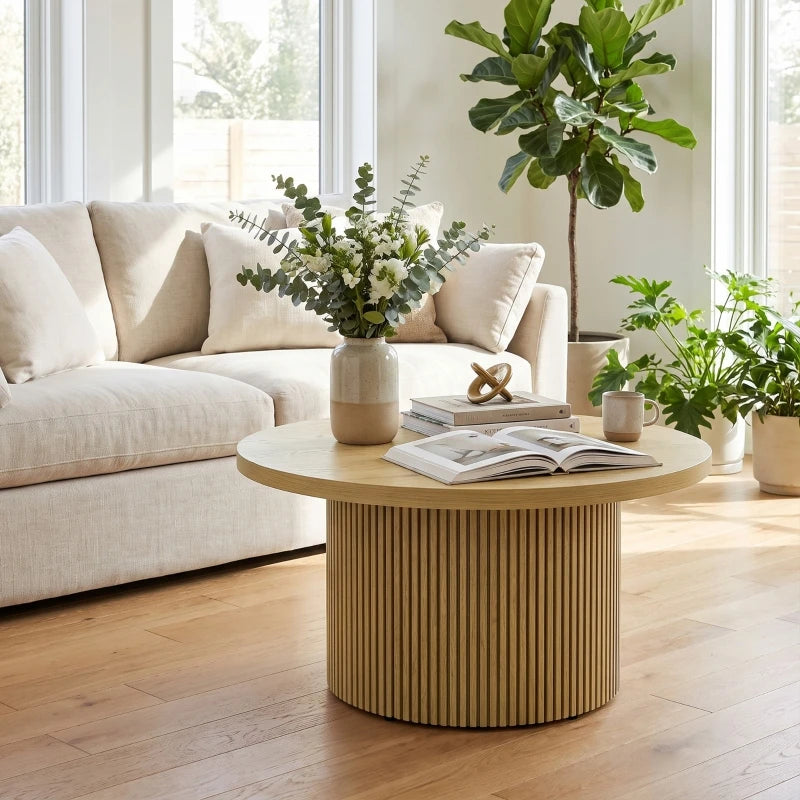 Table basse ronde effet bois naturel 80 cm pied cannelé – vue 3