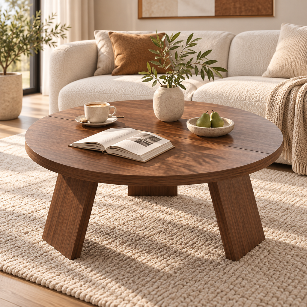 Table basse ronde effet noyer 85 cm pieds inclinés
