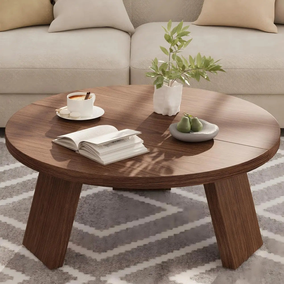 Table basse ronde effet noyer 85 cm pieds inclinés – vue 2