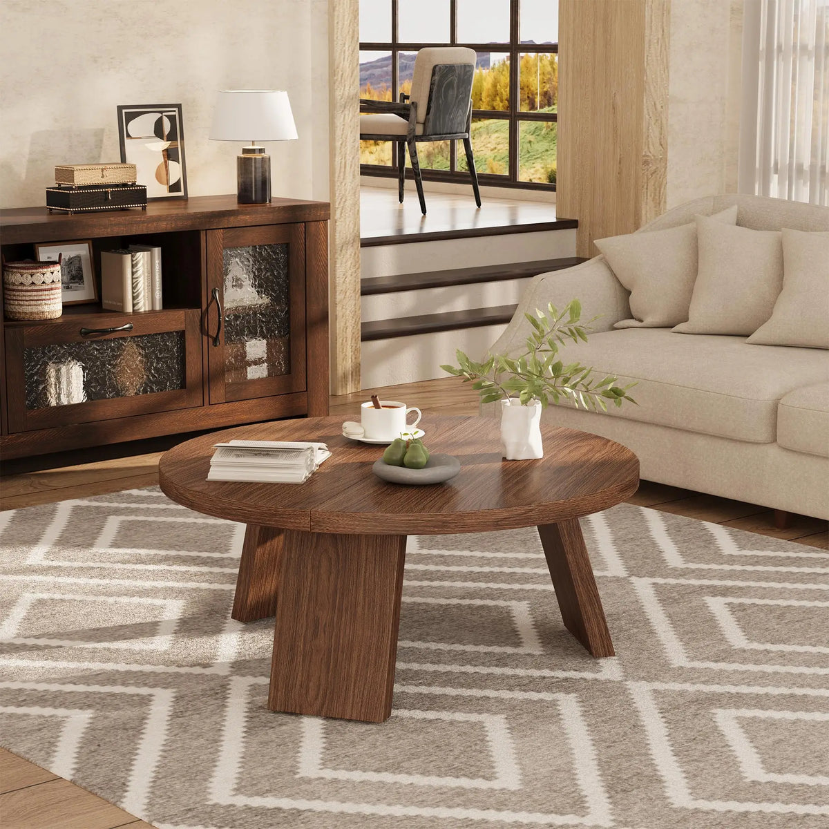 Table basse ronde effet noyer 85 cm pieds inclinés – vue 3
