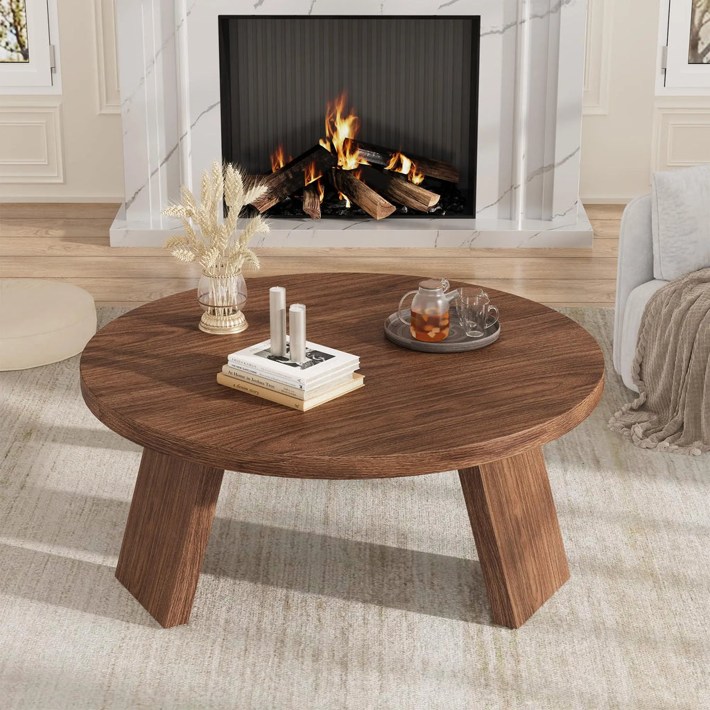 Table basse ronde effet noyer 85 cm pieds inclinés – vue 4