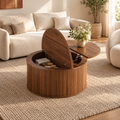 Table basse ronde relevable couleur noyer 88 cm cannelée avec rangement