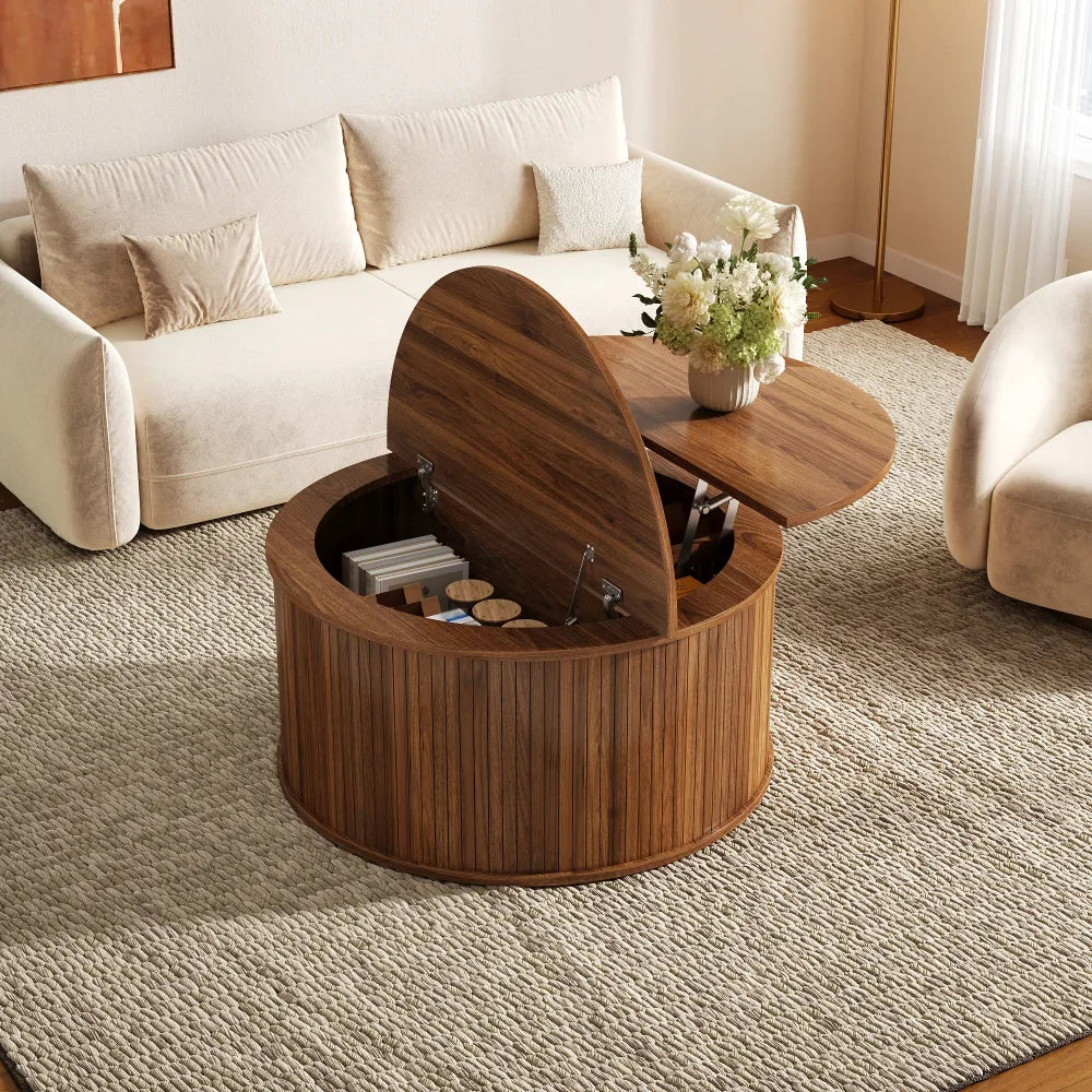 Table basse ronde relevable couleur noyer 88 cm cannelée avec rangement – vue 2