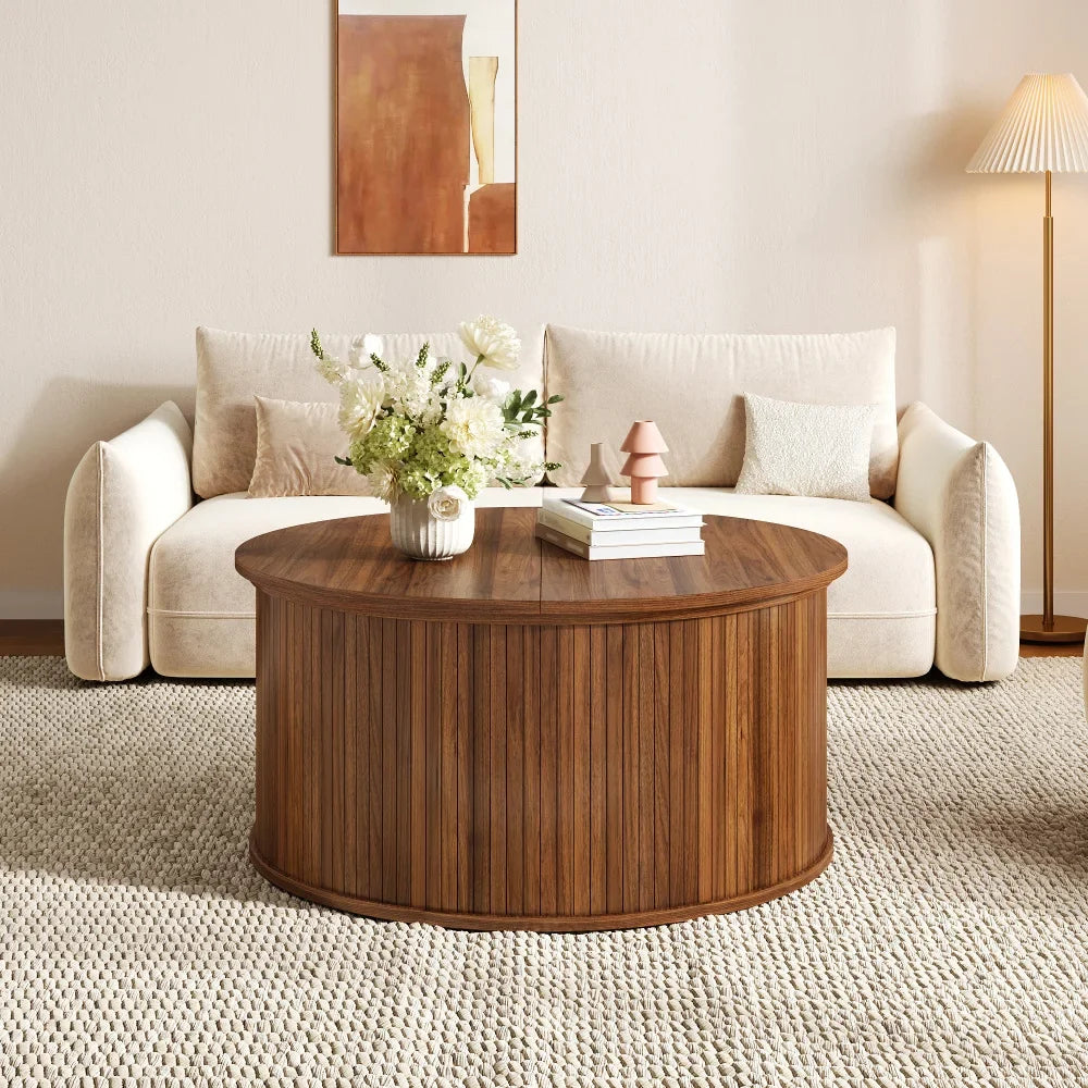Table basse ronde relevable couleur noyer 88 cm cannelée avec rangement – vue 3