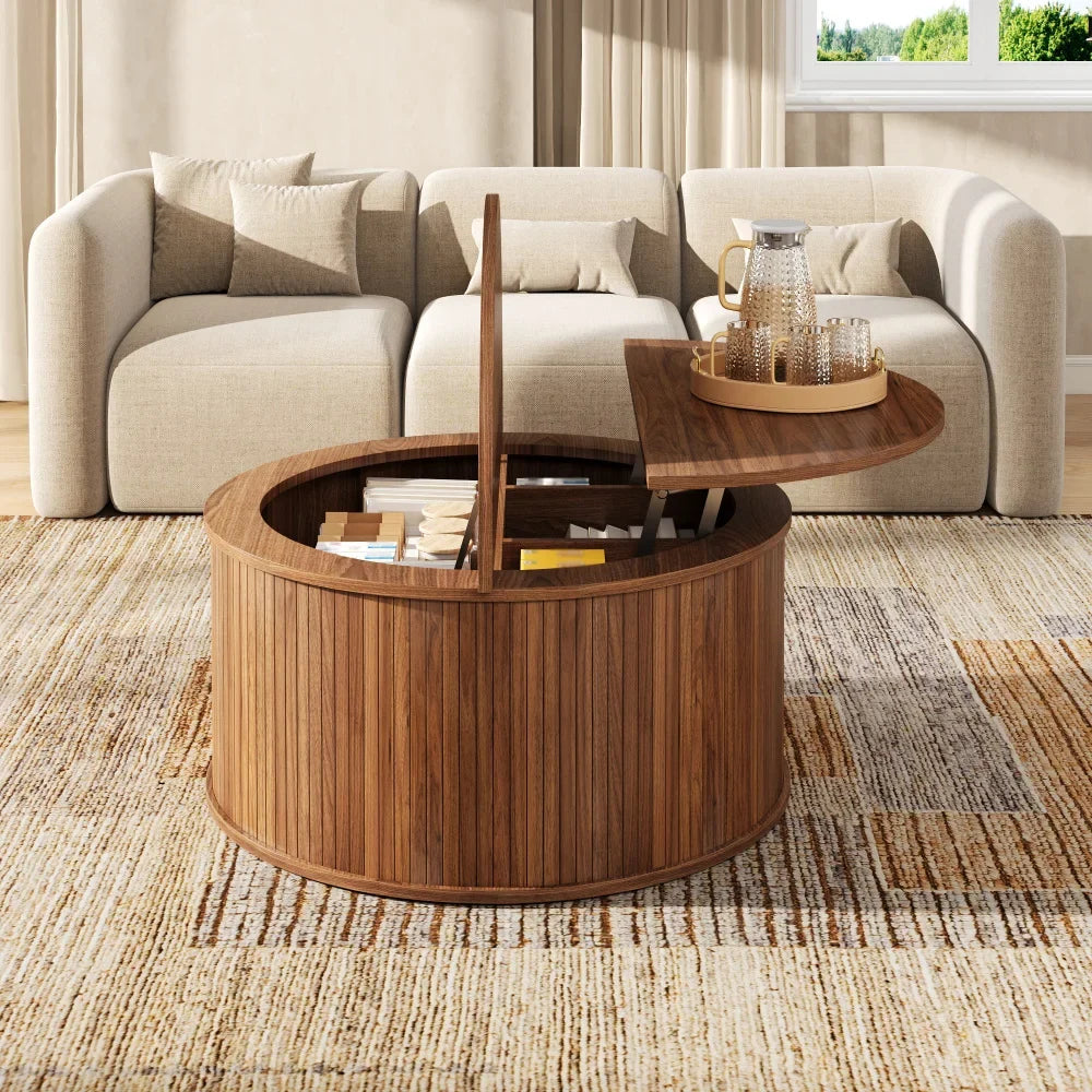 Table basse ronde relevable couleur noyer 88 cm cannelée avec rangement – vue 4
