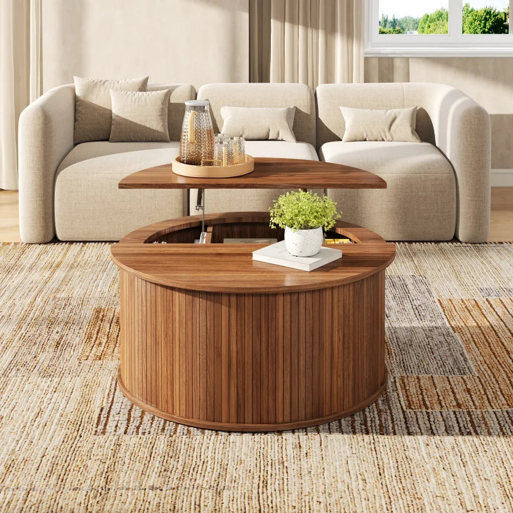 Table basse ronde relevable couleur noyer 88 cm cannelée avec rangement – vue 5
