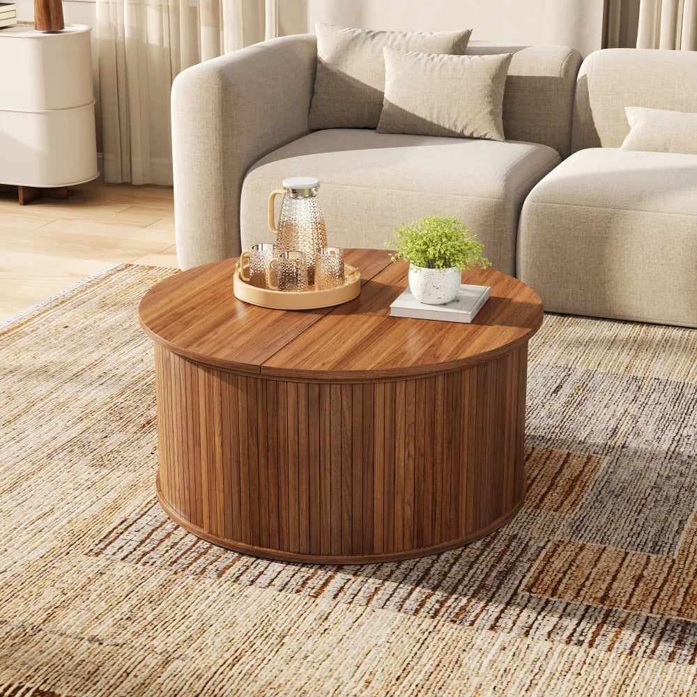 Table basse ronde relevable couleur noyer 88 cm cannelée avec rangement – vue 6