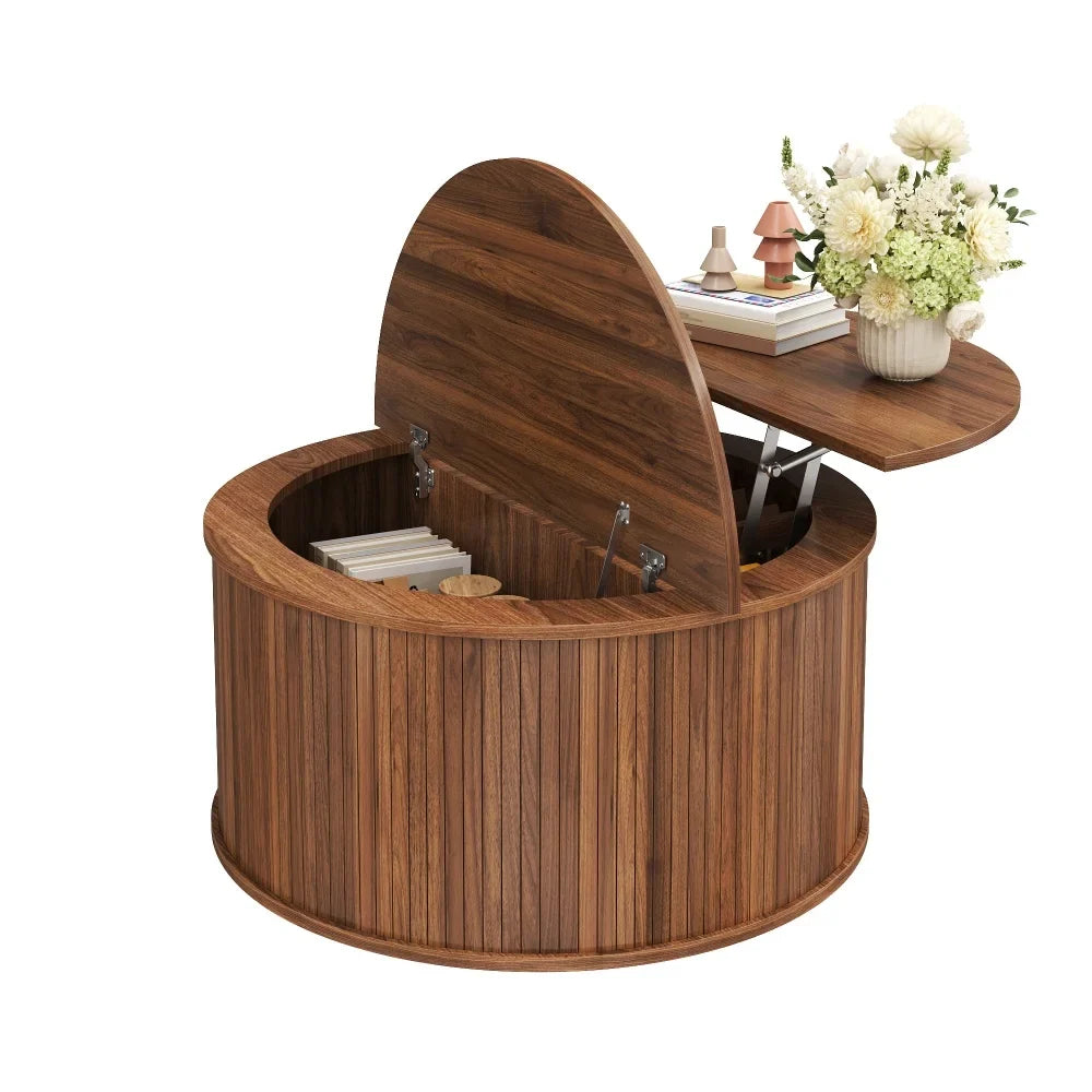 Table basse ronde relevable couleur noyer 88 cm cannelée avec rangement – vue 7
